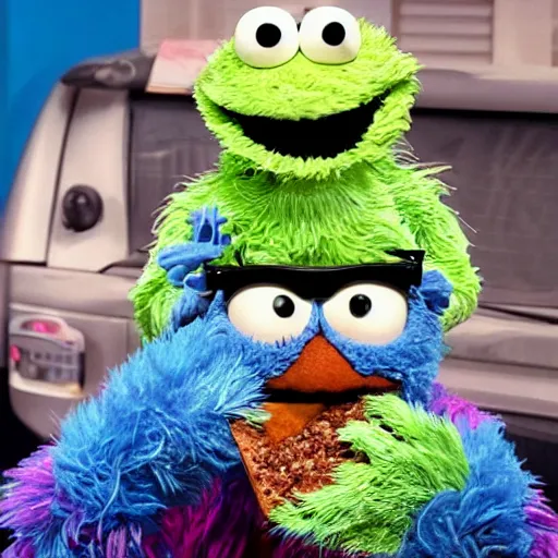 Image similar to Cookie Monster Muppet on Sesame Street eating pizza in secret, happy