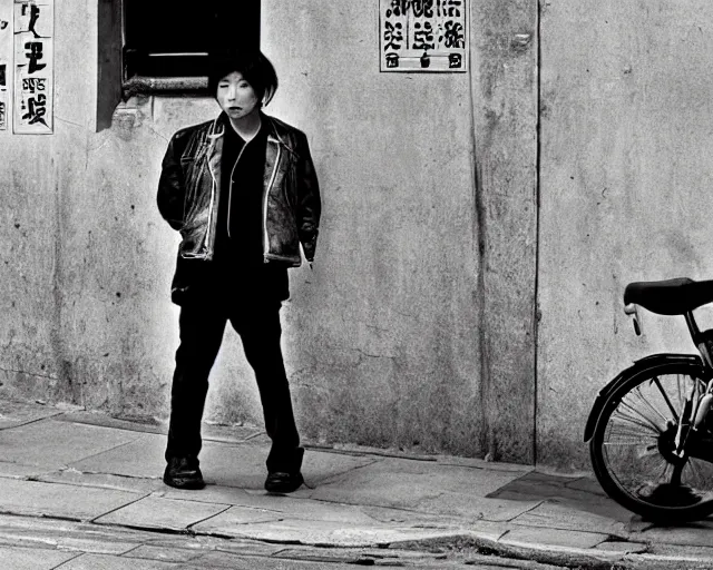 Image similar to Punk rocker, wide shot, street photography, by Fan Ho