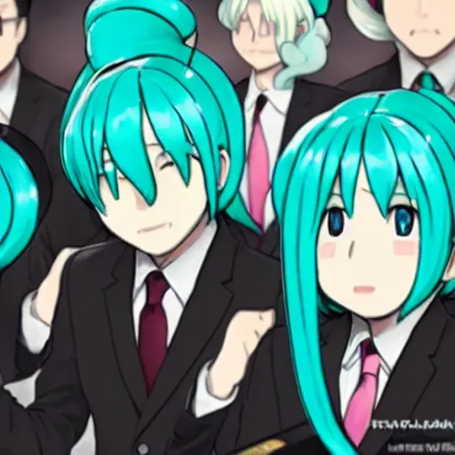 Prompt: Hatsune Miku on trial for murder and Saul Goodman is her lawyer