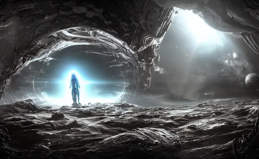 Image similar to an alien spaceship at the end of the worm hole in space, epic scene, extremely detailed masterpiece, extremely moody lighting, glowing light and shadow, atmospheric, shadowy, cinematic, god lighting
