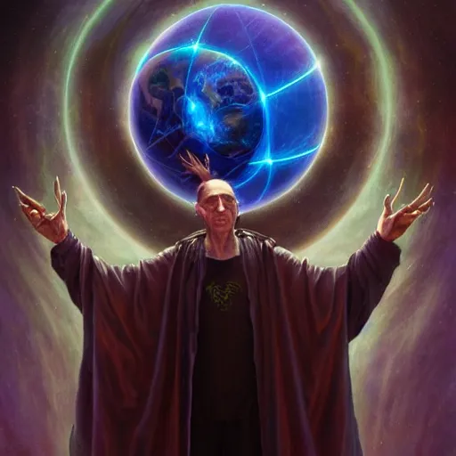 Image similar to the creator of worlds wearing a cloak and holding a holographic planet projection in his hand, detailed, sci - fi, digital painting, artstation, sharp focus, illustration, ominous, artgerm, tomasz alen kopera, peter mohrbacher, donato giancola, joseph christian leyendecker, wlop, frank frazetta