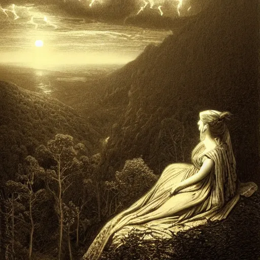 Image similar to A widow looks from a mountaintop, mountains, gorgeous view, velly distant forest, distant city, distant glow, night, moon, dramatic light, Chiaroscuro, long shadows, dark, thunderclouds, masterpiece, high detail, detailed, illustration by Paul Gustave Doré