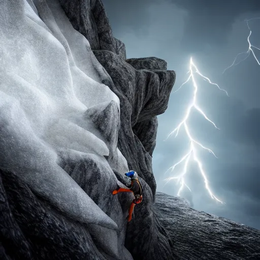 Image similar to climber, extreme cold, storm, octane rendering, volumetric lightning, hyperrealism, no blur, 4 k resolution, ultra detailed