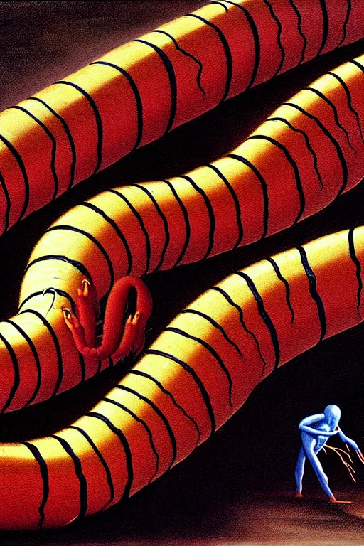 Image similar to a hyperrealistic painting of a freight train sized killer centipede, by chris cunningham and richard corben, highly detailed, vivid color,