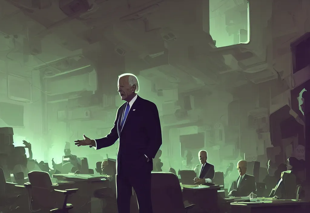 Image similar to joe biden in the democratic party headquarters, epic debates, presidental elections candidates, cnn, fox news, fantasy, by atey ghailan, by greg rutkowski, by greg tocchini, by james gilleard, by joe gb fenton, dynamic lighting, gradient light green, brown, blonde cream, salad and white colors in scheme, grunge aesthetic