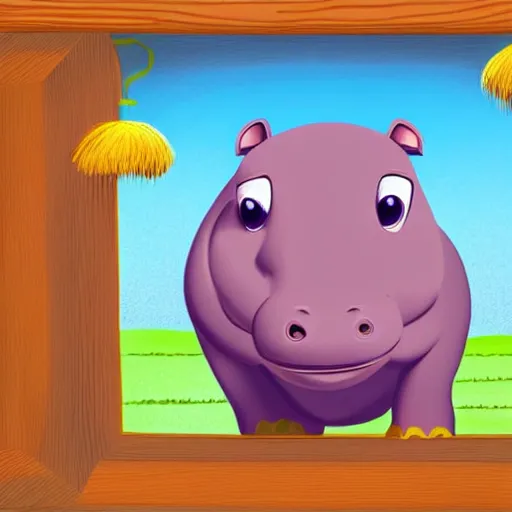 Image similar to a baby hippo lives in a cozy house. it likes to watch tv in the family room. digital art. pixar. toy story.