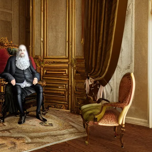 Image similar to An extremely detailed render of a 200 years old man with very old clothes, sitting at his Louis XIV desk, with very old curtains in the room, very old room. The very very very old man has a 1880 phone on his desk. Dust in the air, god rays, raytracing shadows, ambient occlusion, 8K, RTX 3090, trending on artstation, lumens