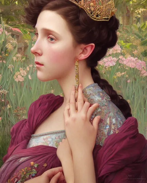 Image similar to a beautiful portrait painting of a shy, blushing princess in a tiara and an iridescent art nouveau gown resembling millie bobby brown watching the lantern festival, intricate, elegant, highly detailed, digital painting, artstation, concept art, by krenz cushart and artem demura and william adolph bouguereau and alphonse mucha