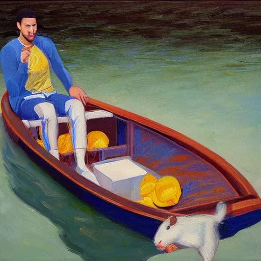 Prompt: klay thompson on a boat in the bay with his white rat, oil on canvas by wayne thiebaud