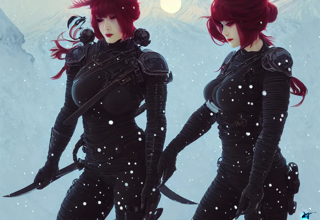 Image similar to portrait ninja gaiden girl, armored dieselpunk ninja wardrobe, at snowy fuji mountain moonlight, ssci - fi and fantasy, intricate and beautiful and elegant, digital painting, frostbite engine, artstation, concept art, smooth and sharp focus, illustration, art by tian zi and wlop and alphonse mucha