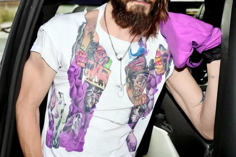 Image similar to medium full shot of jared leto as a white gang member wearing a purple head covering made from a polyester or nylon material and a white tank top inside a car doing a drive - by shooting in the new movie directed by ice cube, movie still frame, arms covered in gang tattoo, promotional image, critically condemned, top 1 5 worst movie ever imdb list, public condemned, relentlessly detailed