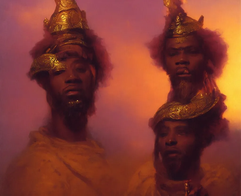 Prompt: stunning african god in minimal ritual garb, posing against a royal purple backdrop by ivan aivazovsky, wlop, oil painting, beautiful soft lighting, muted colours, artstation