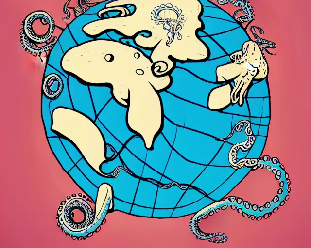 Image similar to a political cartoon showing a cell shaded an octopus surrounding the globe, illustration, full body wide shot, subtle colors, post grunge, concept art by josan gonzales and wlop, by james jean, Victo ngai, David Rubín, Mike Mignola, Laurie Greasley, highly detailed, sharp focus, alien, Trending on Artstation, HQ, deviantart, art by artgem