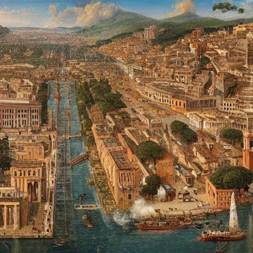 Prompt: highly detailed painting of the inner city of rome during 2 2 0 bc, 4 k resolution, by jaquis luis david, visible paint layers, renaissance.