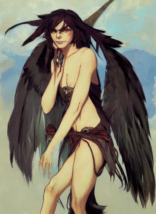 Prompt: concept art painting of a harpy with black feathers, pirate clothes, detailed, realistic, cel shaded, in the style of makoto shinkai and james gurney and alphonse mucha and greg rutkowski and artgerm