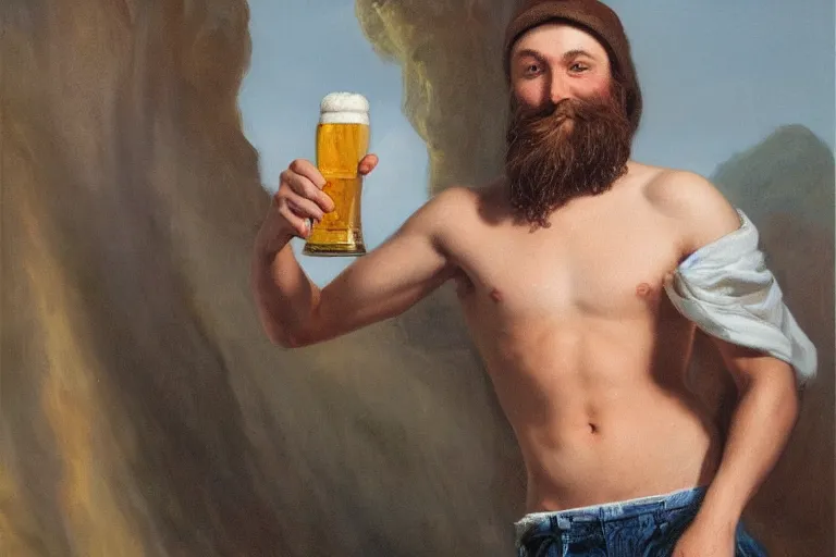 Image similar to a young man holding a beer giving a thumbs up with a long beard, detailed, uncropped, painted by Alex Horley