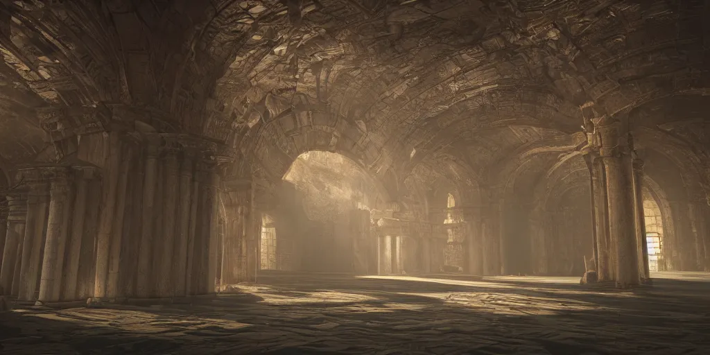 Image similar to field of depth view, interior of expansive, hologram screens floating, futuristic high tech, science fiction, illustration, ancient tomes and relics, archways and doors looking like a movie photorealistic cinematic lighting, 8 k optane render, 3 d unreal engine