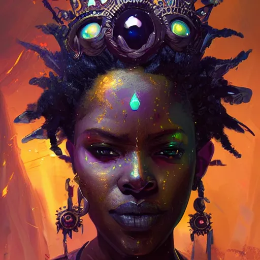 Image similar to a dark and ominous african queen with glowing eyes and a golden crown with a ruby crying tears of gold in a thunderstorm, Apex Legends character digital illustration portrait design, by android jones and greg rutkowski in a cyberpunk voodoo style, detailed, cinematic lighting, wide angle action dynamic portrait