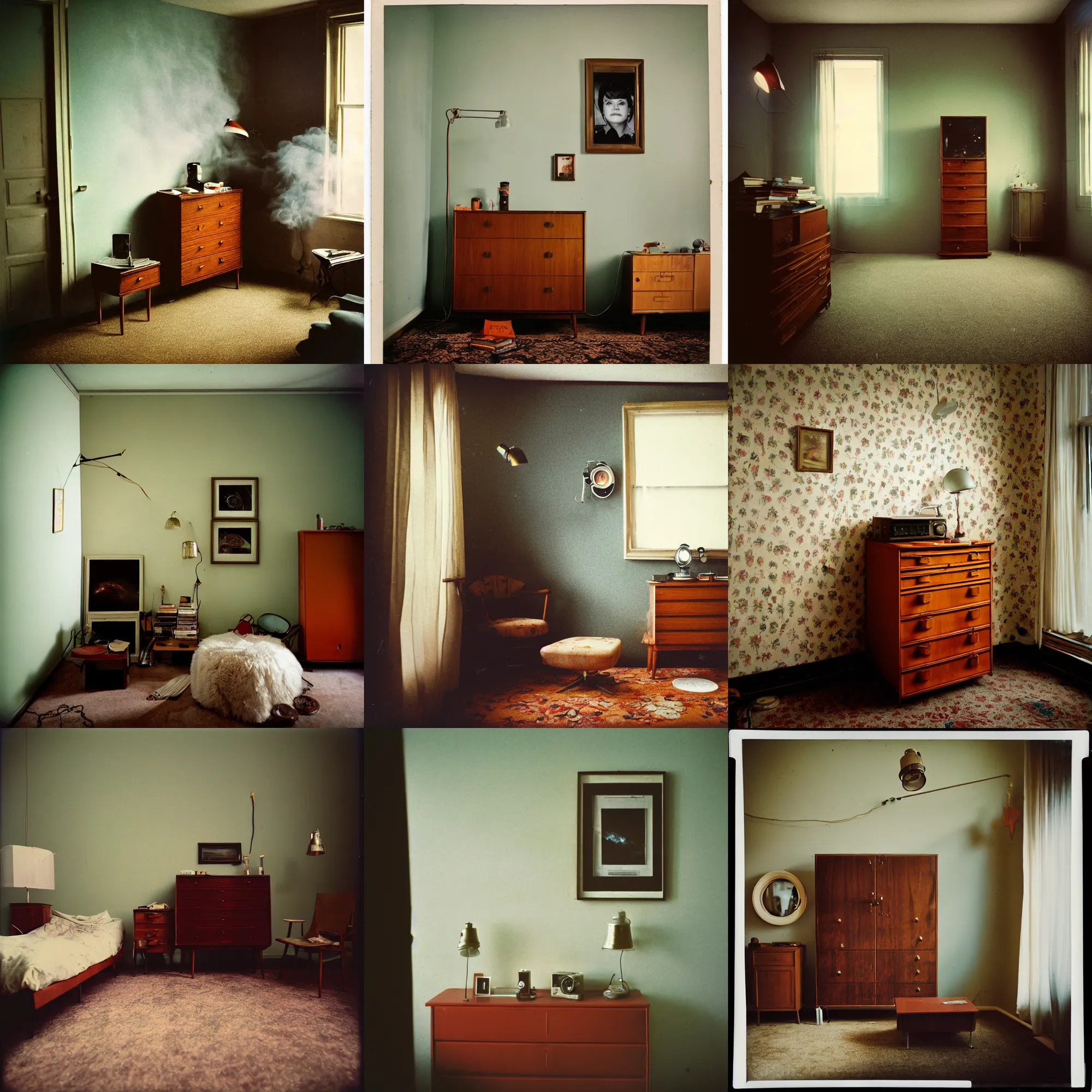 Prompt: kodak portra 4 0 0, wetplate, 8 mm extreme fisheye, award - winning portrait by britt marling of a 1 9 6 0 s room, picture frames, shining lamps, dust, smoke, 1 9 6 0 s furniture, wallpaper, carpet, books, muted colours, wood, fog,