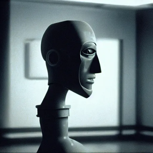 Image similar to movie scene of a man with a robot head, movie still, acting, cinematic composition, cinematic lighting, Movie by David Lynch and Andrzej Żuławski