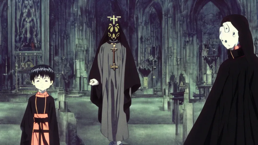 Image similar to a man wearing black priest clothes and a black rabbit mask standing in a black obsidian church, anime film still from the an anime directed by Katsuhiro Otomo with art direction by Salvador Dalí, wide lens