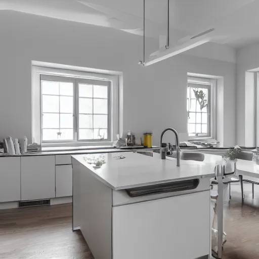 Prompt: frosted over kitchen with volumetric sunlight from window from above