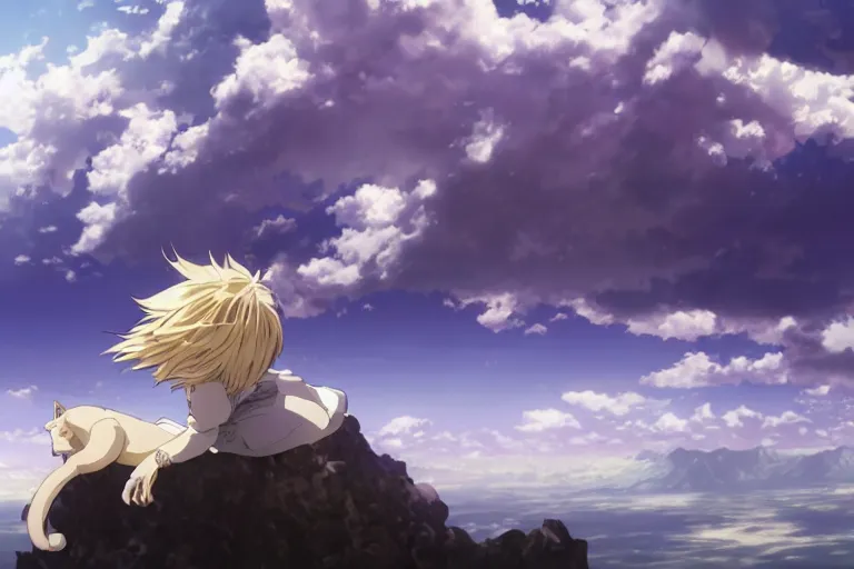 Prompt: a vast scene, panorama distant view, hyper detailed scene render of a boy and white lion, anime key visual of violet evergarden, finely detailed perfect face delicate features directed gaze, in the white clouds fairyland, golden curve structure, animation portrait concept art, trending on pixiv fanbox, violet evergarden, studio ghibli, james jean, extremely high quality artwork