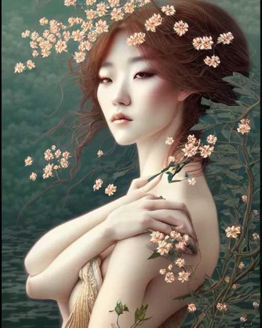 Prompt: portrait of a beautiful lady of nature, graceful beauty, nature aesthetics, muted colors, head in focus, intricate, elegant, painterly, artstation, artistic, concept art, hasselbrad photography, sharp focus, illustrative, art style by chie yoshii