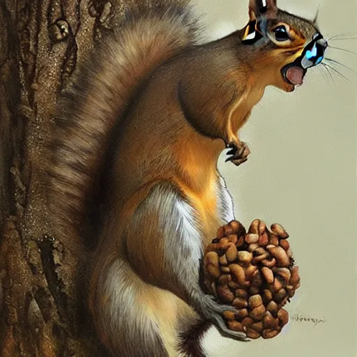 Prompt: a squirrel with huge nuts, highly detailed, digital painting, artstation, concept art, matte, sharp focus, art by greg rutkowski and alphonse mucha,