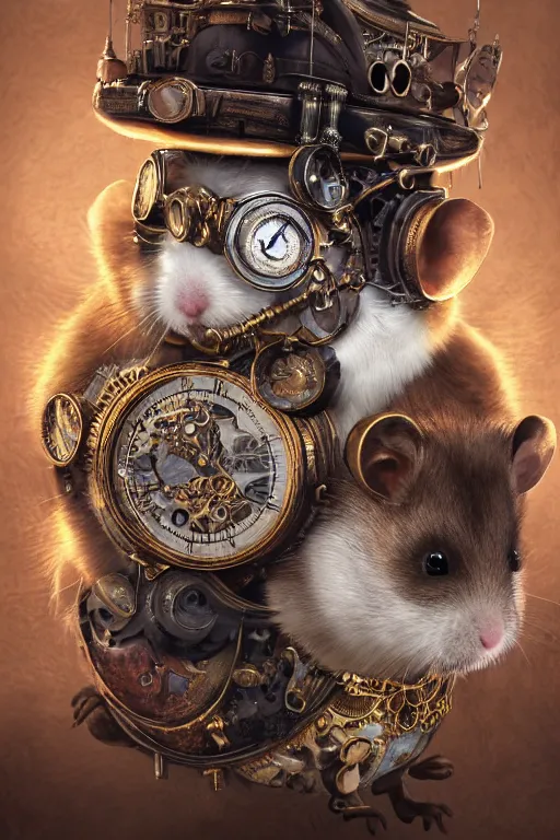 Prompt: anthropomorphic hamster steampunk, hamster head, fantasy, intricate, elegant, highly detailed, digital painting, artstation, concept art, smooth, sharp focus, contemporary fashion shoot, by edward robert hughes, annie leibovitz and steve mccurry, david lazar, jimmy nelsson, extremely detailed, hyperrealistic, perfect face, octane render