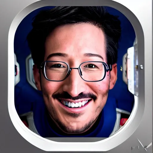 Image similar to Evil Markiplier looking out of the window of the International Space station with a smile on his face. Devilish markiplier pixashot instant camera space imagery with markiplier. Photograph from Nasa, complementary of the International Space Station.