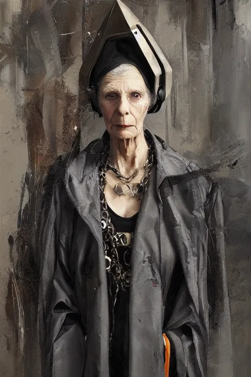 Prompt: portrait of an old wizened woman dressed in cyberpunk - inspired designer streetwear by vivienne westwood, oil on canvas by greg rutkowski, beautiful painting, soft lighting