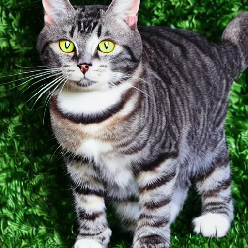 Prompt: a realistic dark grey metallic tabby cat with red eyes