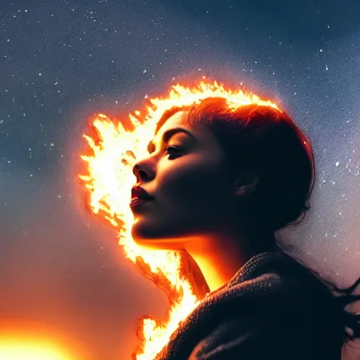 Prompt: a woman up there, sci - fi, on fire, giant, photoshop, creative and cool, photo manipulation, low angle