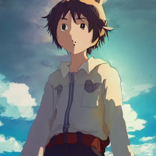 Prompt: friendly guy and small creature , with Fragile looking character portrait face made by Studio Ghibli highly detailed art, beautiful scene, sharp focus, smooth, 8k, anime art, wild, dark, fantasy, peaceful, sunshine, light