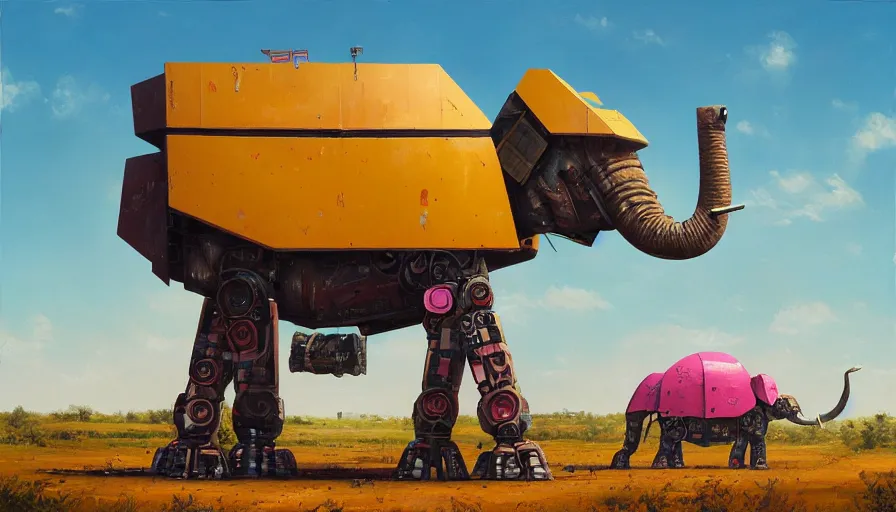 Image similar to an intricate oil painting of a giant south african armored elephant shaped scrap metal mecha by simon stalenhag, pink, yellow and cyan paint decals