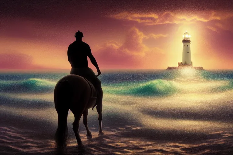 Image similar to photo of man riding a horse along the beach, glowing underwater waves toward a lighthouse in the distance guiding his way, silhouette, wide horizon, large white clouds, night, intricate, elegant, highly detailed, digital painting, artstation, concept art, smooth, sharp focus, illustration, art by artgerm and greg rutkowski and fra angelico