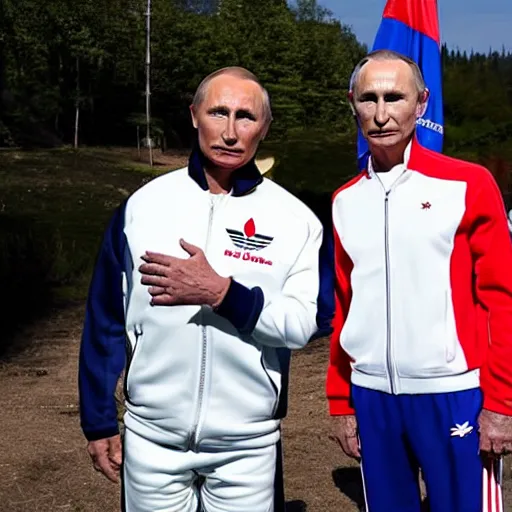 Image similar to donald trump posing in a red addidas track suit next to vladimir putin