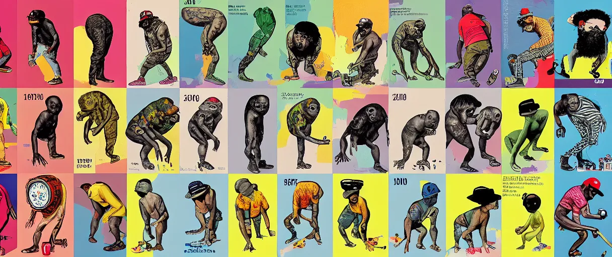 Image similar to evolution timeline from hip hop pants - aesthetic, smooth painting, each individual seeds have ultra high detailed, 4 k, illustration, comical, acrylic paint style, pencil style, torn cosmo magazine style, pop art style, ultra realistic, underrated, by mike swiderek, jorge lacera, ben lo, tyler west