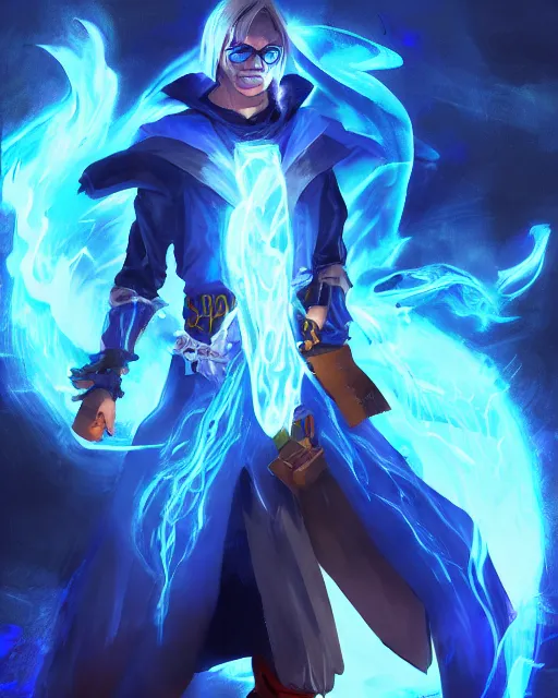 Image similar to an angry mysterious mage dressed in modern clothes controlling blue flames with his hands, fit on frame, golden ratio, WLOP style, character art, fighting pose, mixed media, digital art, trending on artstation, 8k, epic composition, highly detailed, sharp focus