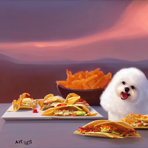 Prompt: a photorealistic oil painting of cute bichon frise eating tacos during sunset Trending on Artstation, featured on Behance, well-rendered, Unreal Engine, 4K HD