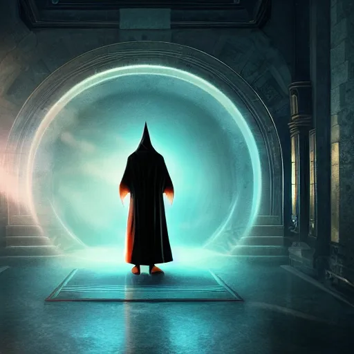 Image similar to a wizard in a cloak standing in front of a portal to wisdom, tall door, high ceiling, magic light, light beam, cinematic atmosphere, high definition, ultra detailed