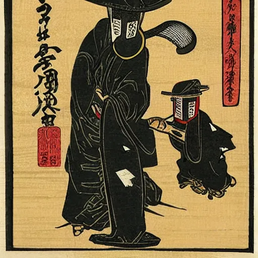 Image similar to ancient Japanese woodcut block print ukiyo-e plague doctor triptych