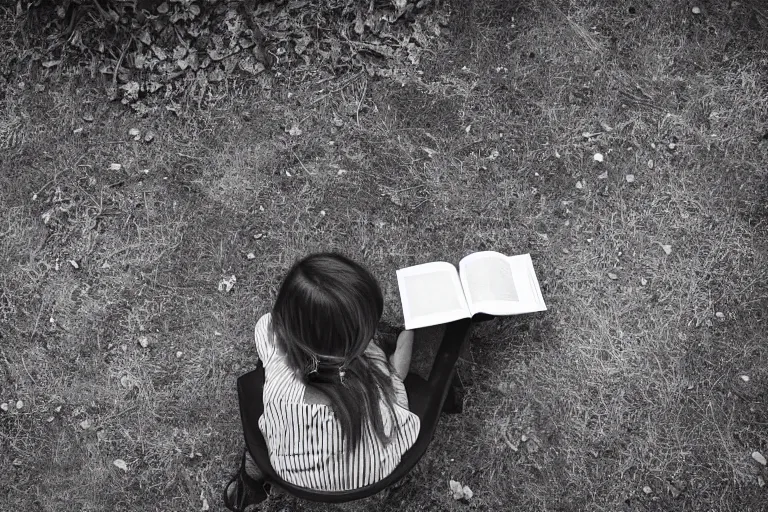 Prompt: A photograph of a woman reading a book while sitting on a bench in a clearing, next to another bench, looking down from above, black and white photo.ISO200,F4.5,80mm,1/30,Nikon D3.