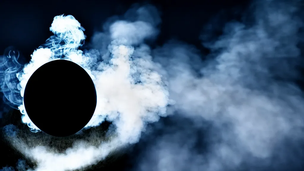 Image similar to plumes of smoke flow out of a black sphere in the sky, fog, volumetric lighting, mystique, atmospheric, sharp focus, ultra detailed, noir art house, 4 k, cinematic, 3 5 mm