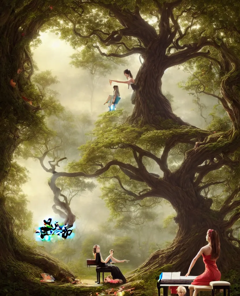 Image similar to woman playing a piano sitting on a giant tree, very detailed, 8k, maximized, ornate, masterpiece, complex, by Greg rutkowski, Alex Gray, surrounded by smoke