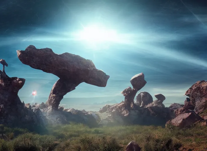 Prompt: giant interdimensional rock creatures fall from the sky, a vast landscape, awe inspiring, wide angle, cinematographic photo, subtle lens flare