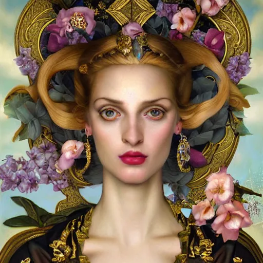 Image similar to centered portrait composition, woman with blonde hair full of spring flowers wearing ornate earrings, ornate gilded details, pastel colors, a surrealist painting by tom bagshaw and jacek yerga and tamara de lempicka and jesse king, wiccan, pre - raphaelite, featured on cgsociety, pop surrealism, surrealist, dramatic lighting