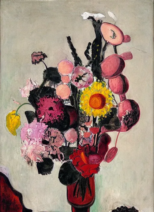 Image similar to a surreal painting of a breakfast still life, vase of flowers, by George Baselitz, symbolist, soft colors, dramatic lighting, smooth, sharp focus, extremely detailed, aesthetically pleasing composition