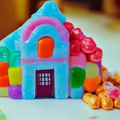 Prompt: realistic photo of a house made of candy